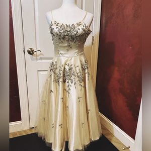 Sue Wong Champagne Beaded Tea-Length Prom Dress